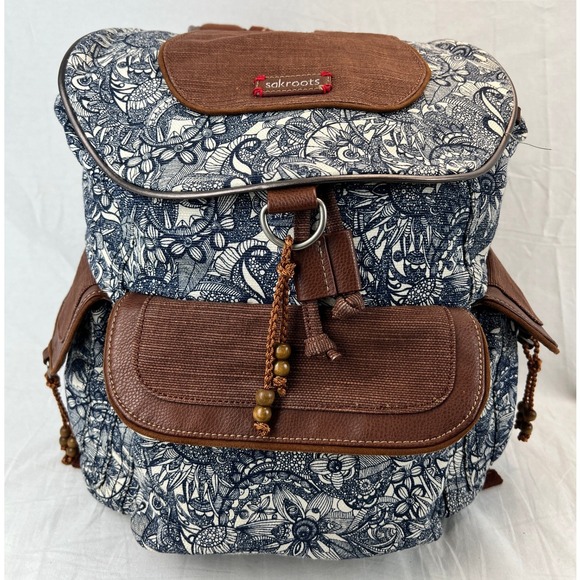 Sakroots Backpack Blue White Floral Canvas‎ Boho Travel Festival Bag Cottagecore